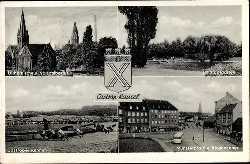 Wappen Ak Castrop Rauxel im Ruhrgebiet, Münsterplatz und Biesenkamp, Im Stadtgarten, Lutherkirche