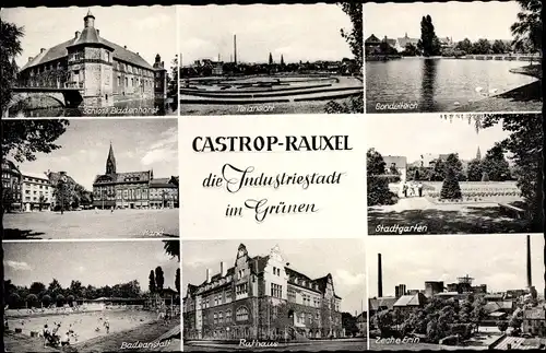 Ak Castrop Rauxel im Ruhrgebiet, Gondelteich, Zeche Erin, Stadtgarten, Rathaus