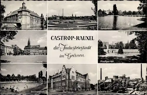 Ak Castrop Rauxel im Ruhrgebiet, Gondelteich, Zeche Erin, Stadtgarten, Rathaus