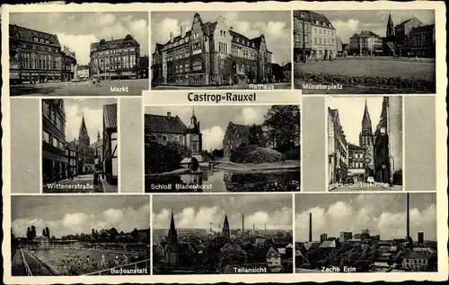 Ak Castrop Rauxel im Ruhrgebiet, Zeche Erin, Münsterplatz, Markt, Teilansicht