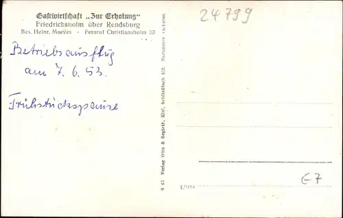 Ak Friedrichsholm in Schleswig Holstein, Gastwirtschaft Zur Erholung, Inh. Heinr. Meeves