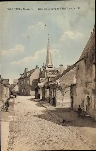Ak Sorges Maine-et-Loire, Rue du Bourg et l'Église