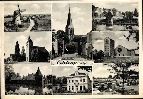 Ak Ochtrup im Münsterland, Katholische Kirche, Marienkirche, Freibad, Windmühle, Wasserburg