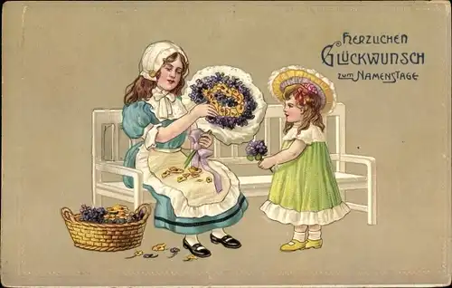 Ak Glückwunsch, Namenstag, Frau und Mädchen, Blumenstrauß