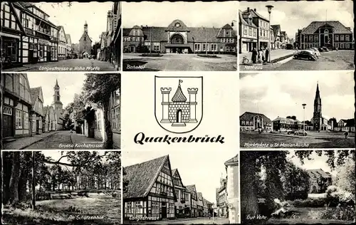 Wappen Ak Quakenbrück in Niedersachsen, Bahnhof, Gut Vehr, Schützenhof, Strassenansichten