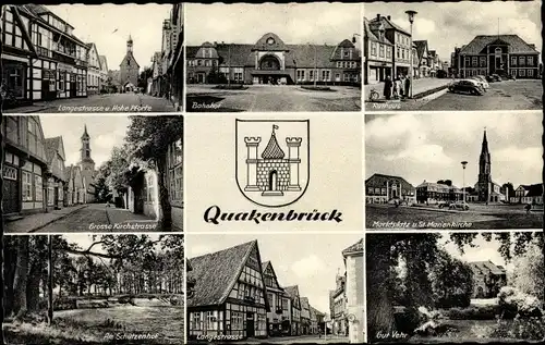 Wappen Ak Quakenbrück in Niedersachsen, Bahnhof, Gut Vehr, Schützenhof, Strassenansichten, Kirche