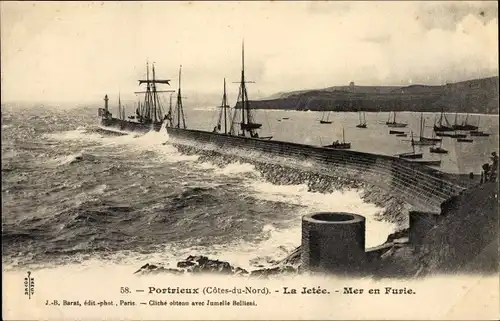 Ak Portrieux Cotes d'Armor, La Jetee, Mer en Furie