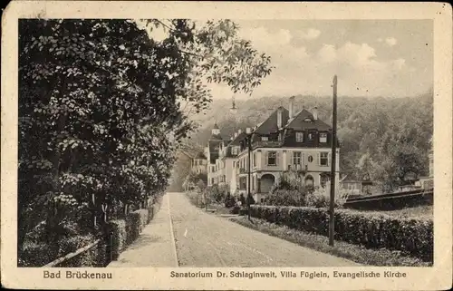 Ak Bad Brückenau im Sinntal Unterfranken, Sanatorium Dr. Schlaginwelt, Villa Füglein, Kirche