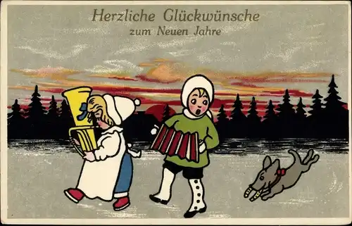 Ak Glückwunsch Neujahr, Kinder mit Musikinstrumenten, Hund