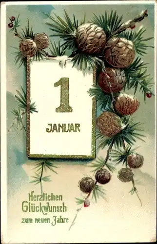 Ak Glückwunsch Neujahr, Kalenderblatt, Tannenzweige, Zapfen