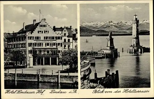 Ak Lindau am Bodensee Schwaben, Hotel Lindauer Hof, Hafeneinfahrt, Leuchtturm, Löwendenkmal