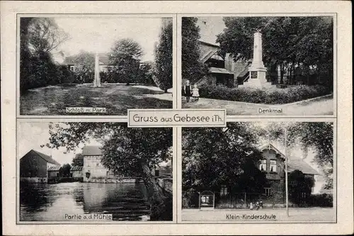 Ak Gebesee in Thüringen, Klein-Kinderschule, Partie an der Mühle, Schloss mit Park, Denkmal