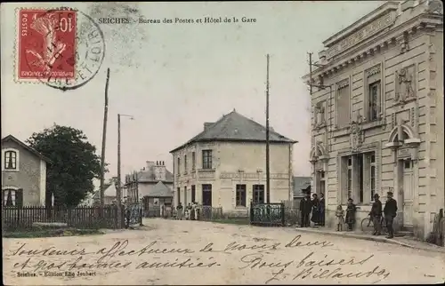 Ak Seiches Maine et Loire, Bureau des Postes et Hotel de la Gare