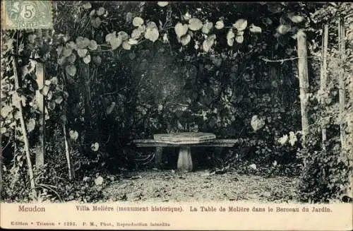Ak Meudon Hauts de Seine, Villa Moliere, La Table de Moliere dans le Berceau du Jardin