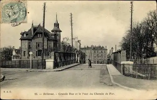 Ak Bellevue Hauts de Seine, Grande Rue et le Pont du Chemin de Fer