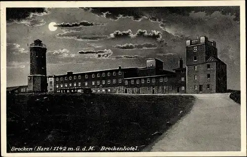 Mondschein Ak Brocken Nationalpark Harz, Blick auf das Brockenhotel bei Nacht