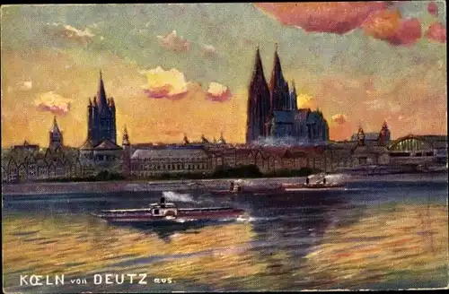 Künstler Ak Köln am Rhein, Flusspartie von Deutz aus, Salondampfer und Stadtblick, Kölner Dom