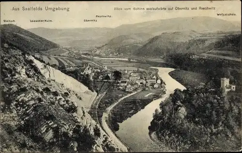 Ak Obernitz Saalfeld a. d. Saale Thüringen, Blick vom Bohlen saalaufwärts auf Obernitz und Reschwitz