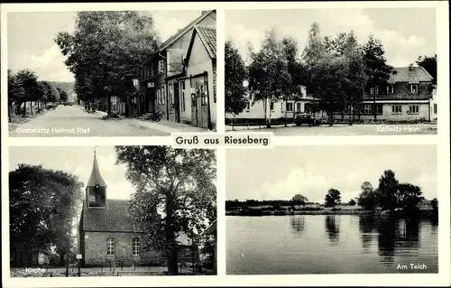 Ak Rieseberg Beienrode Königslutter an der Elm, Am Teich, Kirche, Gaststätte von Helmut Rief