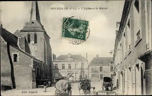 Ak Seiches Maine et Loire, L'Eglise et la Mairie