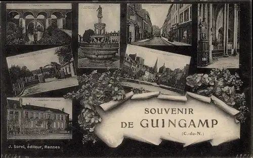 Ak Guingamp Cotes d'Amor, Fontaine et Place du Centre, Pont