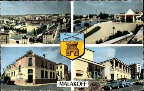 Wappen Ak Malakoff Hauts de Seine, Panorama, Jardin d'enfants, Mairie, Ecole