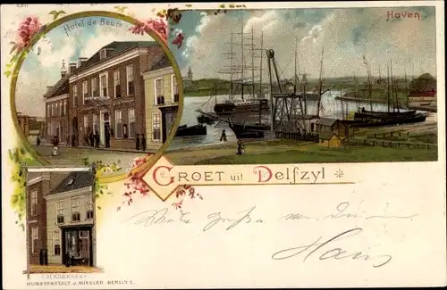 Litho Delfzyl Delfzijl Groningen, Haven, Hotel de Beuts, Koekebakker