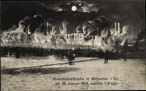 Mondschein Ak Mittweida in Sachsen, Brandkatastrophe 18 Januar 1914, Marktbrand