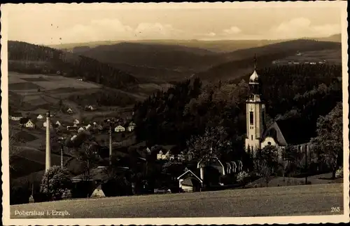 Ak Pobershau Marienberg im Erzgebirge, Teilansicht der Kirche mit Umgebung