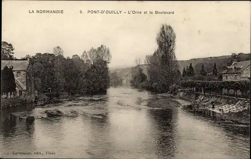 Ak Pont d Ouilly Calvados, L'Orne et le Boulevard