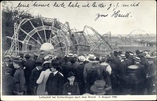 Ak Leinfelden Echterdingen auf den Fildern, Trümmer des abgestürzten Luftschiffes 1908