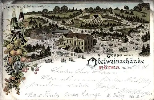 Litho Rötha in Sachsen, Obstweinschänke, Gartenanlagen