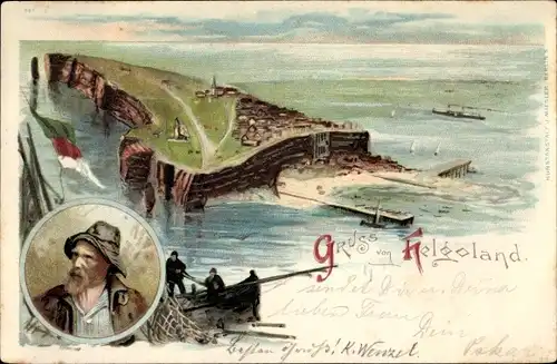 Litho Nordseeinsel Helgoland, Gesamtansicht, Fischer