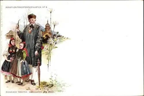 Litho Schwälmer Trachten, Großvater und Enkel