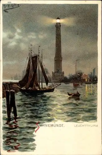 Künstler Litho Hirsch, Świnoujście Swinemünde Pommern, Leuchtturm, Segelboot