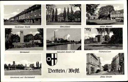 Ak Datteln im Ruhrgebiet, Amtshaus, Ehrenmal, Gymnasium, Emscher Lippe I,II, Busbahnhof, Neumarkt