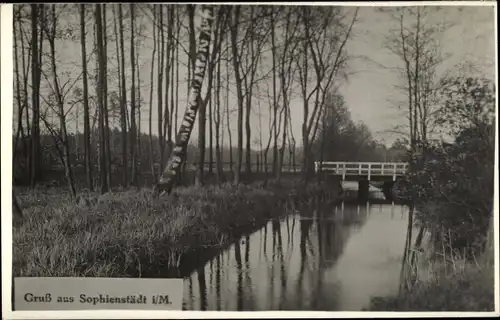 Ak Sophienstädt Marienwerder Barnim, Flusspartie, Brücke