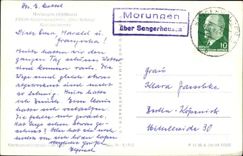 Ak Morungen Sangerhausen Südharz, FDGB Genesungsheim Otto Schlag, Kaminzimmer