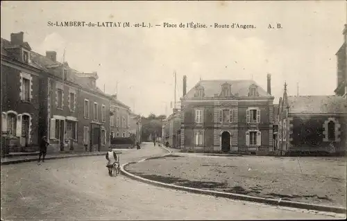 Ak St Lambert du Lattay Maine et Loire, Place de l'Eglise, Route d'Angers