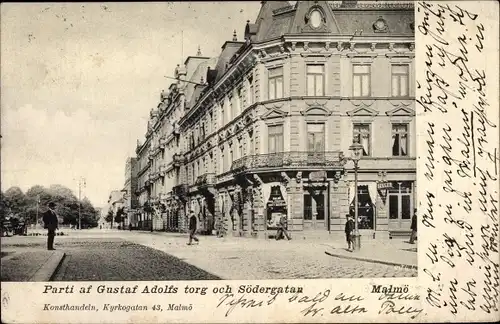 Ak Malmö Schweden, Parti af Gustaf Adolfs torg och Södergatan