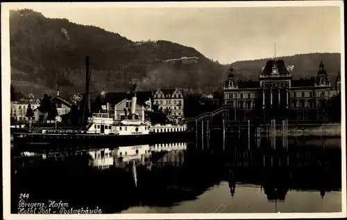 Ak Bregenz am Bodensee Vorarlberg, Hafen, Hotel Post, Postgebäude