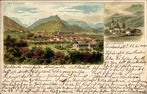 Litho Bad Reichenhall in Oberbayern, Blick auf den Ort, Nonn, Gebirge
