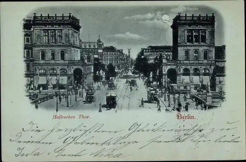 Mondschein Ak Berlin Kreuzberg, Hallesches Tor, Straßenbahn