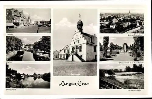 Ak Lingen im Emsland, Rathaus, Markt, Gesamtansicht, Wehr, Ehrenmal im Stadtpark