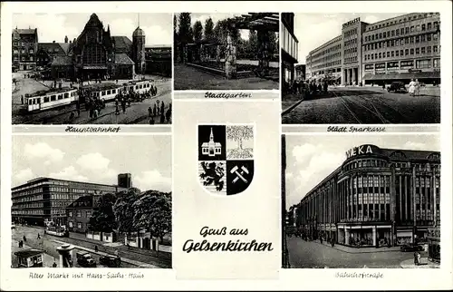 Wappen Ak Gelsenkirchen, Hauptbahnhof, Sparkasse, Hans Sachs Haus, Stadtgarten