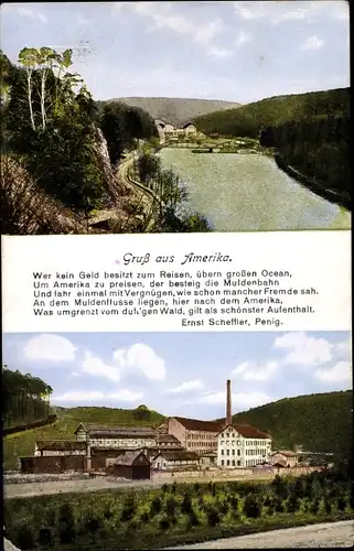 Gedicht Ak Amerika Penig in Sachsen, Fluss, Berge, Fabrik
