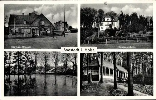 Ak Boostedt in Holstein, Kaufhaus Brüggen, Genesungsheim, Wasserpartie