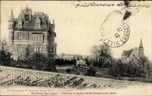Ak L'Aigle Eure et Loir, Chateau et Eglise de Saint Sulpice sur Rille