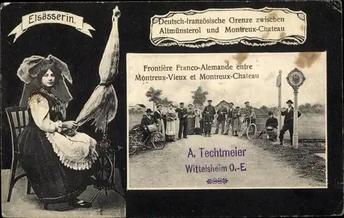 Ak Altmünsterol Montreux-Vieux Elsass Haut Rhin, Deutsch französische Grenze, Elsässerin, Spinnrad