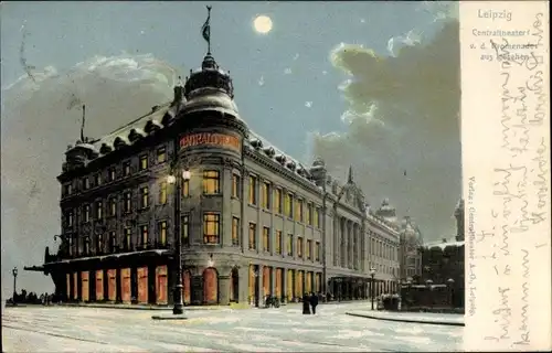 Mondschein Litho Leipzig in Sachsen, Zentraltheater von der Promenade aus gesehen